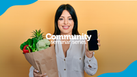 Community Seminar Series. A woman holding a bag of groceries and a cell phone.