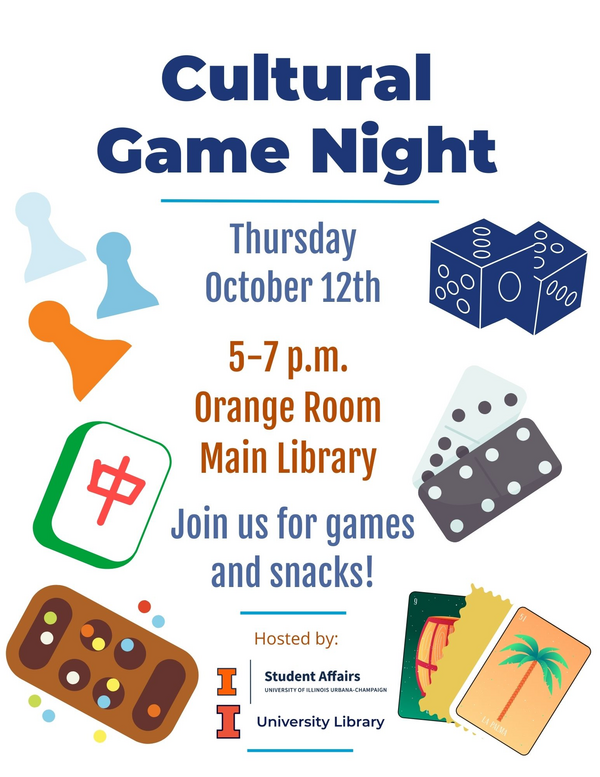 Culture game night, Thursday October 12, 5-7pm Orange Room Main Library. Join us for games and snacks!
