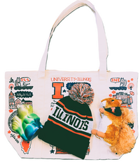 Raffle prize: Custom Illinois tote, Illinois hat, Illinois stuffed squirrel, and library-printed squirrel pen holder.