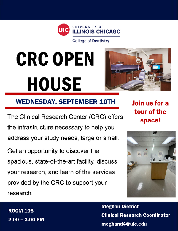 CRC Open House flyer with details including photos an operatory and waiting area