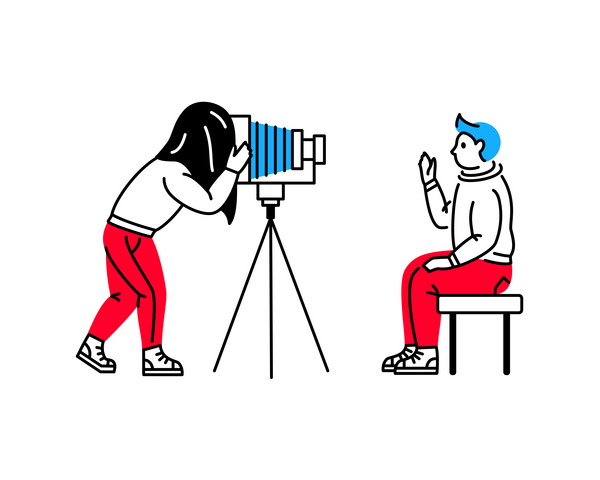 A line art illustration shows a photographer with long black hair using a large bellows camera on a tripod to take a portrait of a seated person.