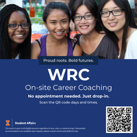 four women smile at the camera Proud roots, bold futures. WRC On-Site Career Coaching.  No appointmnet needed. Just drop-in.  Scan the QR code for days and times.