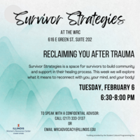 Blue mountain background with black text. Survivor Strategies at the WRC. Reclaiming You After Trauma Tuesday, February 6, 6:30-8:00pm.
