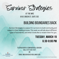 Blue mountain background with black text. Survivor Strategies at the WRC. Building Boundaries Back on Tuesday, March 19 from 6:30-8:00pm.