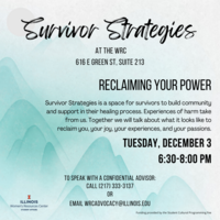 Blue mountain background with black text. Survivor Strategies: Strengthening Your Power at the WRC (616 E Green St, Suite 213) on Tuesday, December 3 from 6:30-8:00 pm