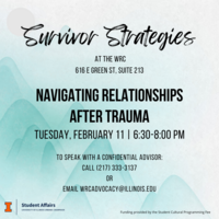 Blue mountain background with black text. Survivor Strategies: Navigating Relationships After Trauma. Tuesday, February 11 | 6:30-8:00PM