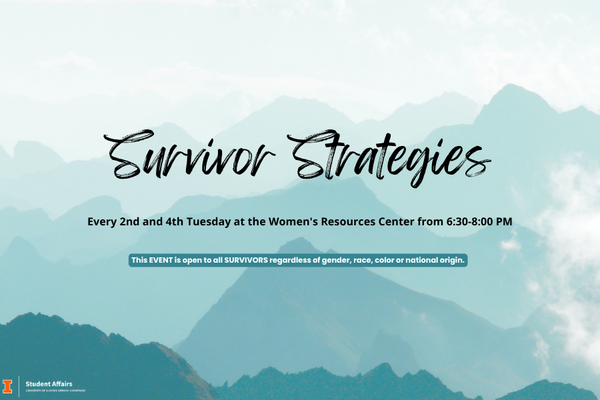 Survivor Strategies event flyer. Series for survivors on self-care and healing, held 2nd and 4th Tuesdays at the Women's Resources Center, 6:30-8:00 PM. Background features a misty mountain scene.