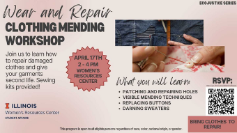 Flyer with Mending workshop Information: Friday April 17 from 2pm-4pm at the Women's Resources Center