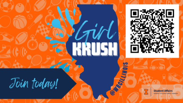 A blue outline of the state of Illinois against a orange background with sports equipment icons and the text: Girl Krush @wrcillinois Join today
