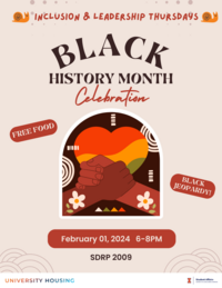 Black History Month Celebration flier that says "FREE FOOD" and "BLACK JEOPARDY!"