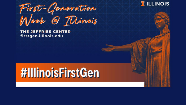 Zoom, Teams background for First Gen week- alma mater statue with Jeffries Center First Gen website