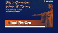 Zoom, Teams background for First Gen week- alma mater statue with Jeffries Center First Gen website