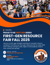Flyer with a photo of students interacting at a crowded resource fair. The design features bold orange and navy wave graphics, with a circular "First-Generation Student Initiatives" logo showing the Alma Mater statue. Information provided below.