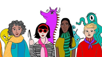 Cartoon image of 4 adults with 4 monsters lurking behind them