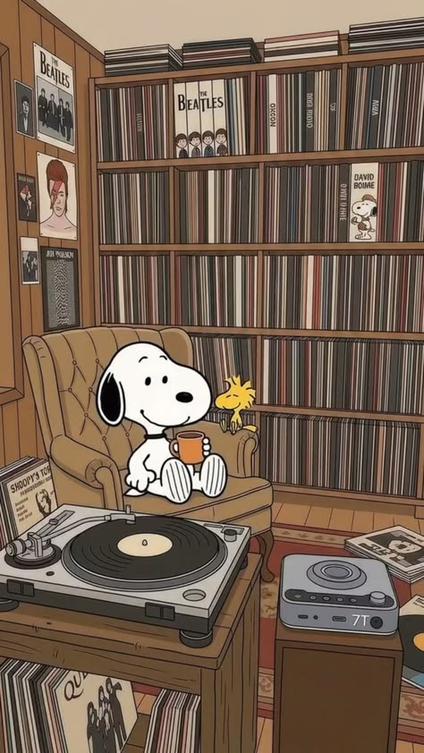 An illustrated scene shows Snoopy and Woodstock sitting together in a cozy music room filled with vinyl records. Snoopy sits in a cushioned armchair holding a mug, while Woodstock perches on the armrest beside him. In the foreground, a turntable plays a record on a wooden table.