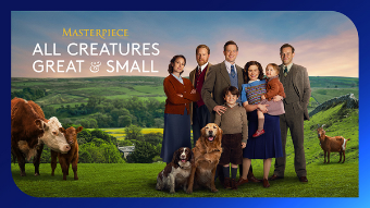 MASTERPIECE Series: All Creatures Great and Small cast posing in a meadow.