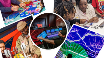 Collage of 5 photos: electric light show, toy robot with university students, colorful gameboard, family working with small electronics, soundboard in a theatre