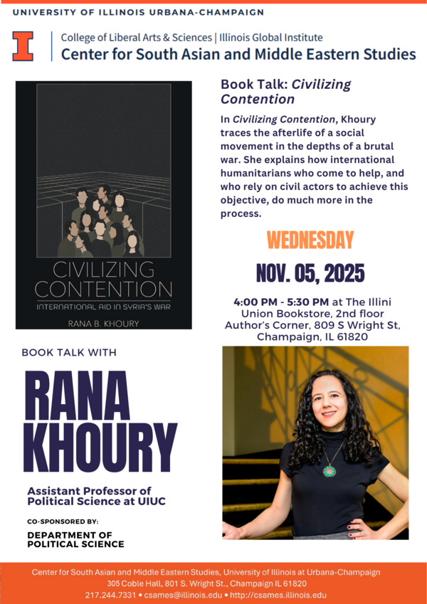 Poster showing Civilizing Contention book cover and picture of author posing on staircase