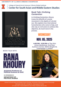 Poster showing Civilizing Contention book cover and picture of author posing on staircase