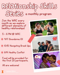 Flyer titled “Relationship Skills Series – a monthly program” with a pink background and red/white text. It invites participants to join the WRC (Women’s Resources Center) each month to explore elements of healthy relationships. The sessions are from 5–6 PM at the WRC. Listed topics and dates include: 9/17: Boundaries 101 10/15: Navigating Break Ups 11/19: Healthy Conflict Text also mentions: “Food will be provided for the first 20 participants. All are welcome!” There are three photos on the right side of the flyer: Two people wearing headphones and laughing in a park. A group of three friends smiling and sitting close together. A romantic couple touching foreheads and smiling under purple lighting. At the bottom, the flyer includes the logo for the University of Illinois Urbana-Champaign Student Affairs.