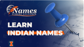 A blue-themed graphic with a pushpin over a map of India and the text “Learn Indian Names” alongside a “Names Across Cultures” logo.