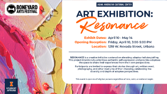 A colorful poster for the Boneyard Arts Festival and Asian American Cultural Center advertising the “Resonance” art exhibition with dates, opening reception details, and location in Urbana.