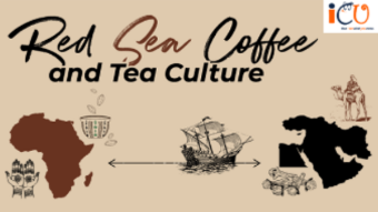 Poster titled “Red Sea Coffee and Tea Culture” featuring stylized maps of Africa and the Arabian Peninsula connected by a ship, with icons of a coffee cup and tea elements and an ICU logo in the corner.