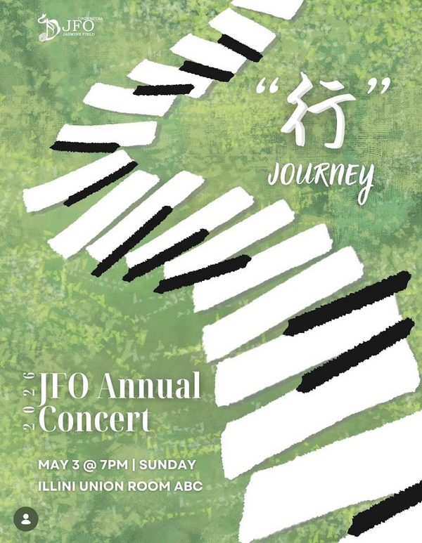 Poster for the 2026 JFO Annual Concert titled “Journey,” featuring a piano key path design with event details (May 3 at 7 PM, Illini Union Room ABC).