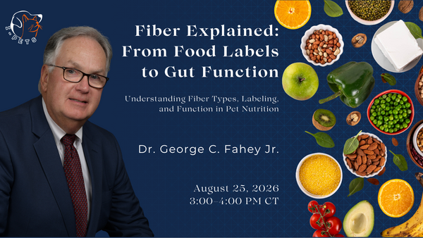 Dr. Fahey in a suit sits beside a presentation slide titled "Fiber Explained: From Food Labels to Gut Function" with images of various foods and event details for August 25, 2026.
