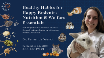 Promotional image for a webinar titled 'Healthy Habits for Happy Rodents: Nutrition & Welfare Essentials.' Features a smiling person holding a fluffy white rabbit, plus images of various rodents and grains. Includes event details: September 22, 2026, 3:00-4:00 PM CT, with Dr. Fernanda Wendt. Background includes a pet-related logo.