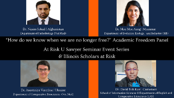 Photos of four speakers atop a blue background with the text, "“How do we know when we are no longer free? Academic Freedom Panel At Risk U Sawyer Seminar Event Series"