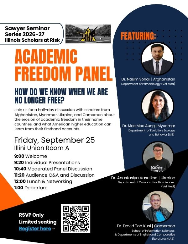 Photos of four speakers atop a blue background with the text, "“How do we know when we are no longer free? Academic Freedom Panel At Risk U Sawyer Seminar Event Series"