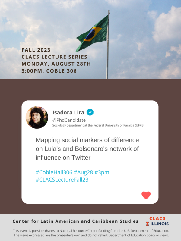 Isadora Lira's talk. Image contains information about the talk in the format of a tweet. Brazilian flag can be seen in the background.