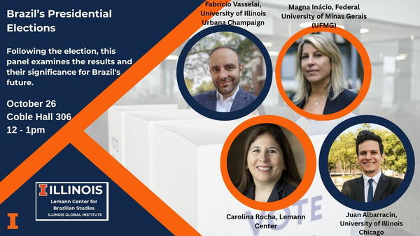 On October 26th at 12pm in Coble Hall 306, the Lemann Center is hosting a second election panel that will follow the final round of elections in Brazil. The speakers are Magna Inácio, Fabrício Vasselai, Juan Albarracin, and Carolina Rocha. Following the election, this panel examines the results and their significance for Brazil’s future. Speakers will analyze voting patterns, political shifts, and the potential impact of the election on governance, public policy, and democratic institutions.