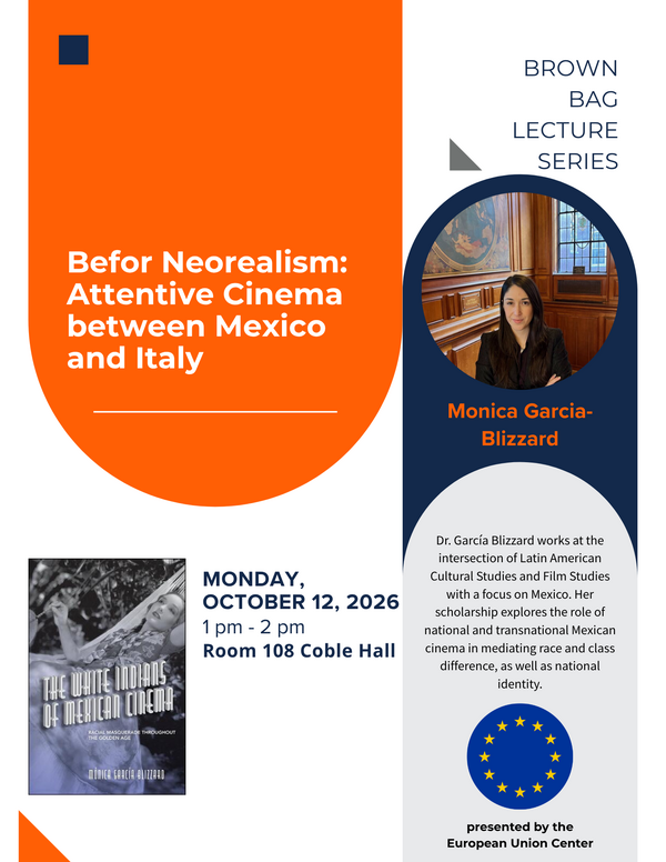 On October 12th at 1:00 PM in Coble Hall 108, Mónica García-Blizzard will present a lecture titled "Before Neorealism: Attentive Cinema between Mexico and Italy" Dr. García Blizzard works at the intersection of Latin American Cultural Studies and Film Studies with a focus on Mexico. Her scholarship explores the role of national and transnational Mexican cinema in mediating race and class difference, as well as national identity. The event is sponsored by the European Union Center (EUC).
