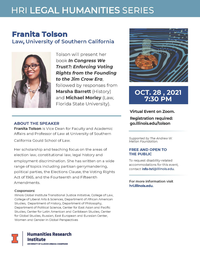HRI Legal Humanities Series guest speaker Franita Tolson. Small image of gavel and block in top right corner.