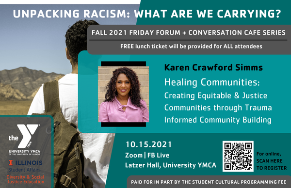 Oct 15th Friday Forum guest speaker Karen Crawford Simms. Image of child in the background with a backpack.