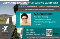 YMCA Friday Forum Fall 2021 October 29th guest speaker Catherine Shieh. In background, image of boy with a backpack looking at a mountain.