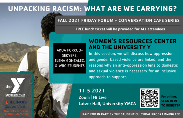 YMCA Friday Forum Fall 2021 November 5th lecture. In background, image of boy with a backpack looking at a mountain.