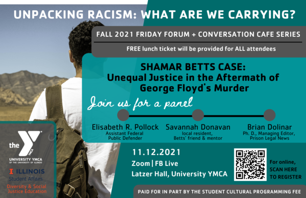 YMCA Friday Forum Fall 2021, November 12th lecture. In background, image of boy wearing a backpack and looking at a mountain.