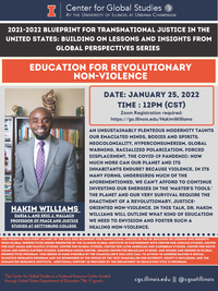 January 25th Transitional Justice guest speaker Dr. Hakim Williams, standing in front of bookshelf