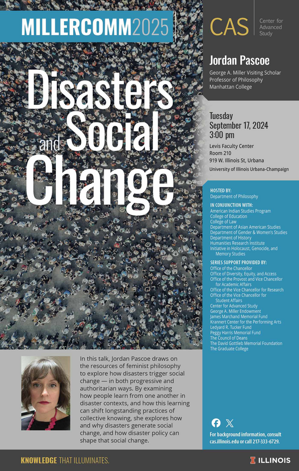talk by jordan pascoe on disasters and social change talk taking place on September 17, 2024 at 3pm in Levis Faculty Center room 210 at 919 W. Illinois Street, Urbana