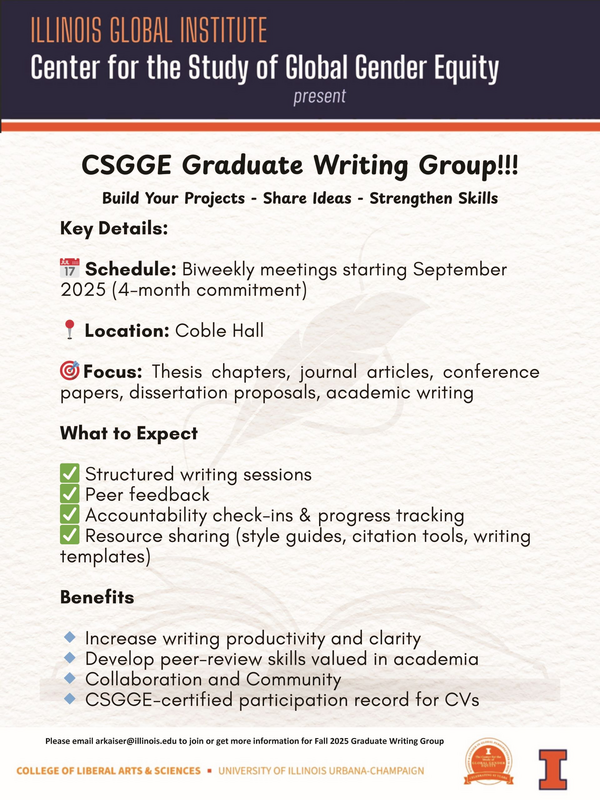 Detail for the event: CSGGE Graduate Writing Group on September 19 at 3 pm till 6 pm at 108 Coble Hall 801 S Wright St Champaign 61820