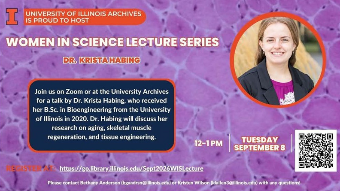 Women in Science Lecture Series with Dr. Krista Habing on September 8 12-1pm in person at 146 Main Library or via Zoom