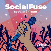 Illustration of a hand holding up a microphone at sunset with silhouette of corn plants in the background