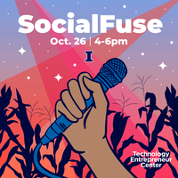 Illustration of a hand holding up a microphone at sunset with silhouette of corn plants in the background