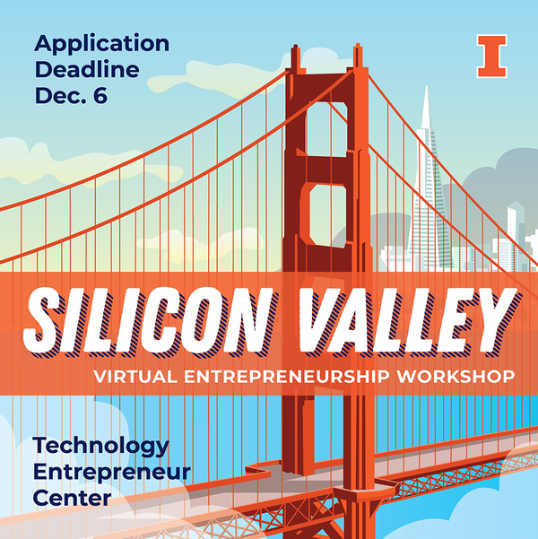 Illustration of the Golden Gate Bridge with text "Silicon Valley Virtual Entrepreneurship Workshop" and "RSVP Deadline Dec. 6"