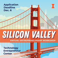 Illustration of the Golden Gate Bridge with text "Silicon Valley Virtual Entrepreneurship Workshop" and "RSVP Deadline Dec. 6"