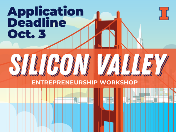 Illustration of the Golden Gate Bridge with the words: Silicon Valley Entrepreneurship Workshop Application Deadline Oct 3, Technology Entrepreneur Center