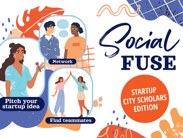 Illustrations of students pitching, networking and finding teammates with the text SocialFuse and Technology Entrepreneur Center